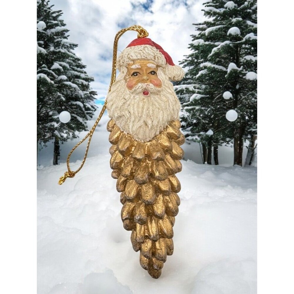 Vintage Santa Claus Icicle Christmas Ornament Gold Pinecone Rustic